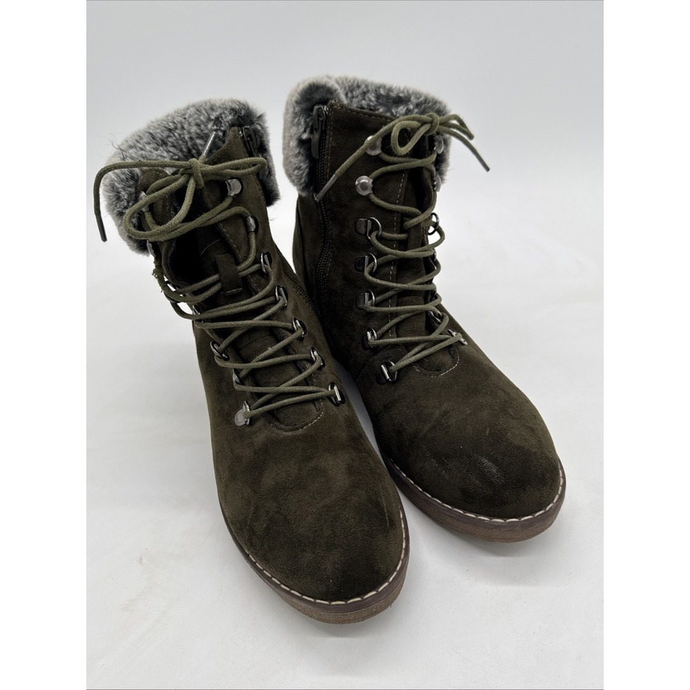 Boutique‎ by Corky's Fox Bay Sz 10 Olive Faux Fur Trim Wedge Lace-up Boots